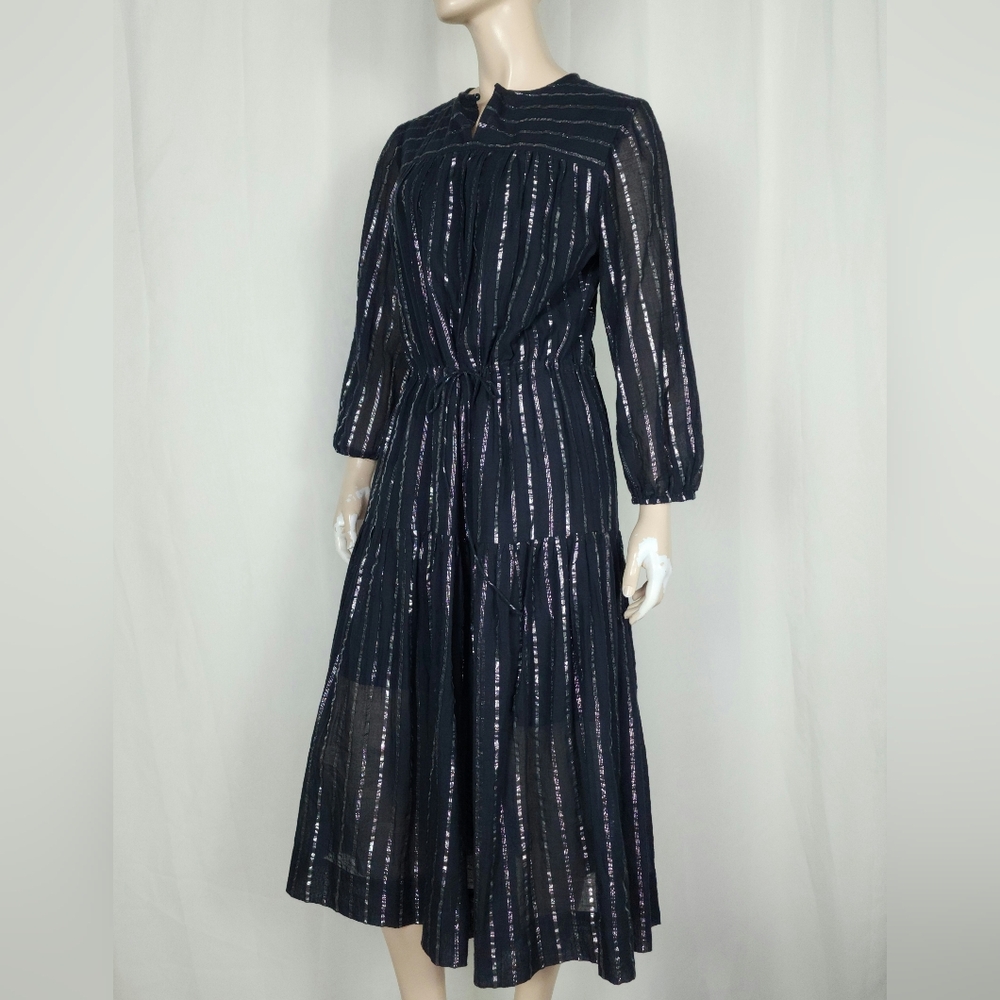 ISABEL MARANT ETOILE Women's sz 40 Black Metallic Silver Stripe Tiered Dress M - Picture 3 of 15